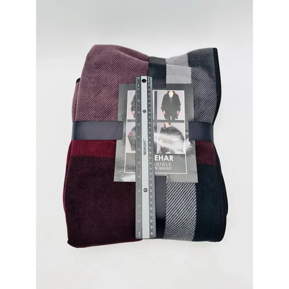 New Ike Behar Ladies Reversible Fashion Wrap One Size Black W/maroon Lines Plush
